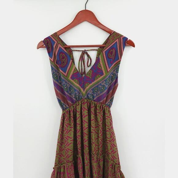 Lovin India Boho Dress XS Purple Paisley Tiered Plunged Hi-Low Midi Festival - Picture 3 of 15